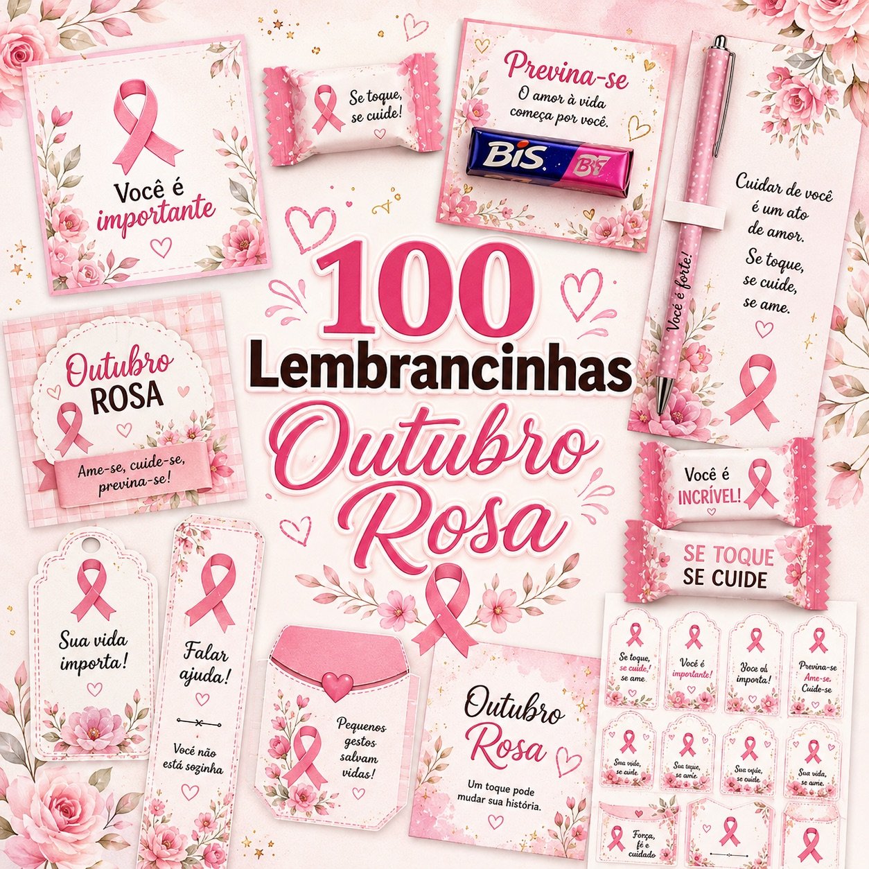 Kit com 100 modelos de lembrancinhas do Outubro Rosa: tags, marcadores de página, envelopes, cartões, canetas e embalagens para bis e bombom, todos em tons de rosa com laços e flores da campanha